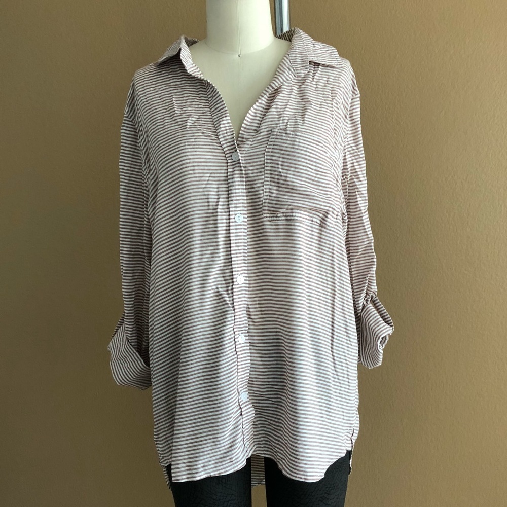 💙 Button-Up Rolled Sleeve Stripe Top